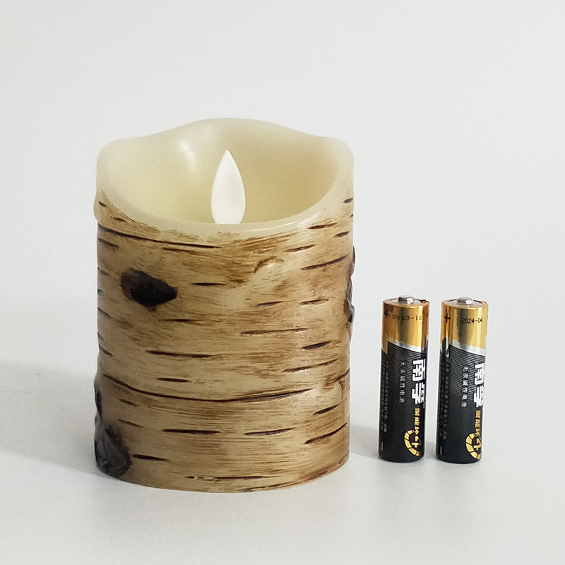 birch bark-textured flameless paraffin wax led candle Scallop Top 7.5x15cm