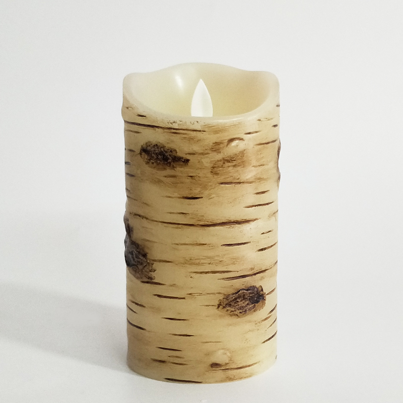 birch bark-textured flameless paraffin wax led candle Scallop Top 7.5x10cm