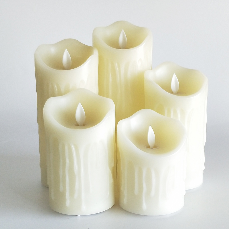 Rechargeable white dripping wax led pillar candle set of 5 remote control Dripping Wax