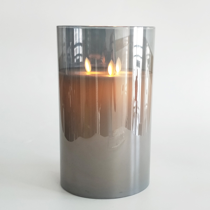 large Triple Wick Clear Glass led pillar candles 15cm glass enclosed Grey