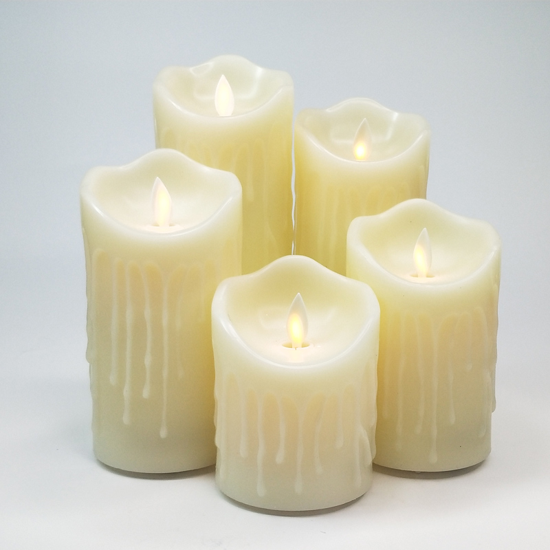 Rechargeable white dripping wax led pillar candle set of 5 remote control