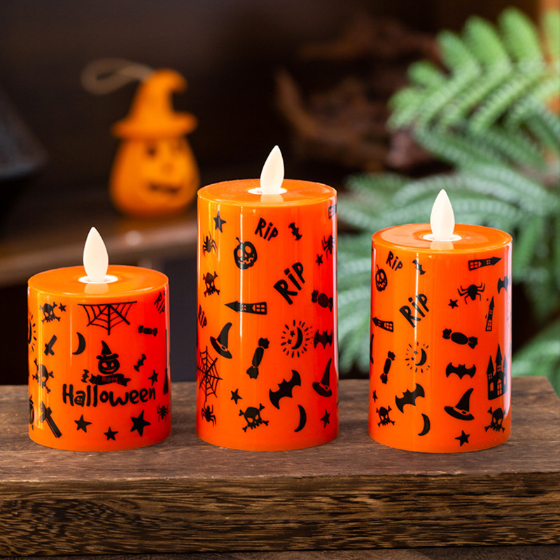 Halloween LED candles with spider net pumpkin witch print