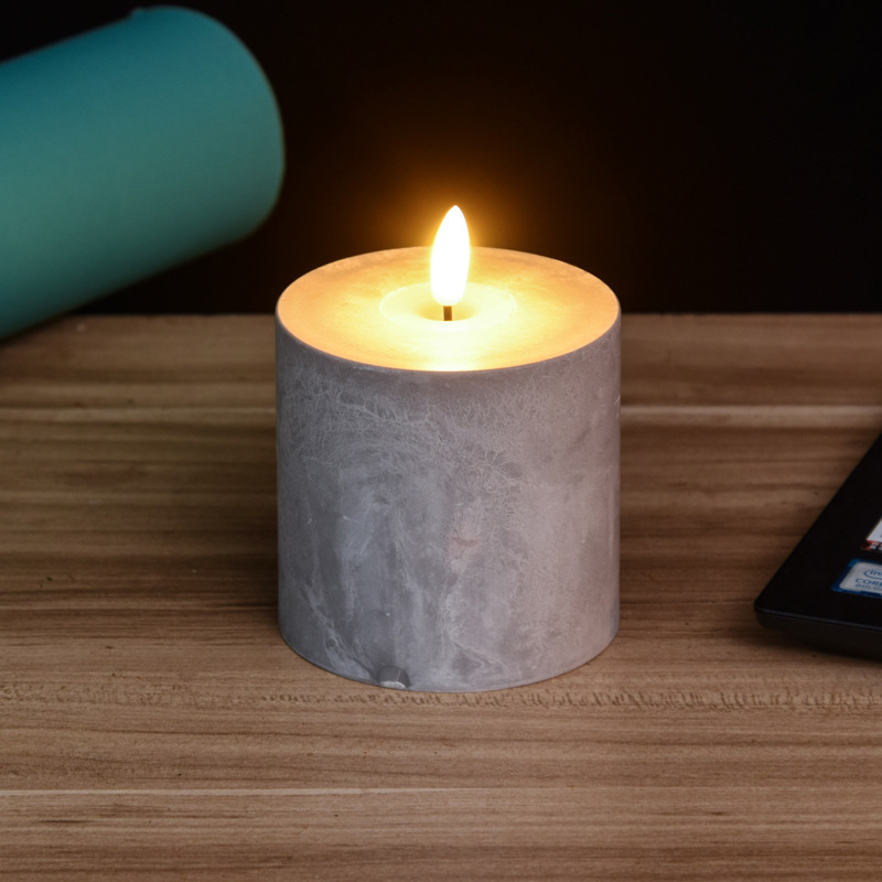 Cement candle polygon LED flameless candle in concrete cylinder