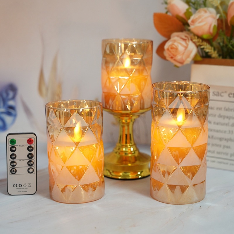 Diamond Clear Glass led pillar candle with remote control Orange